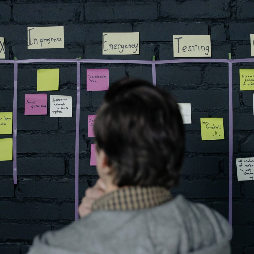 picture of a man staring at a project management board